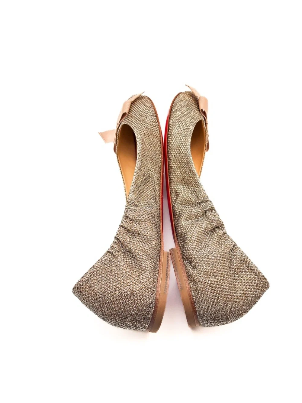 Christian Louboutin Gloriana Glittered Gold Fabric Ballet Bow Flats EU 37.5